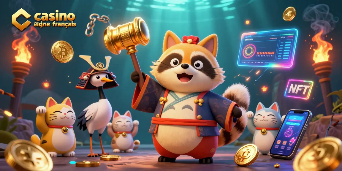 Illustration dynamique de casino en ligne français avec un tanuki, des pièces de crypto et des chats maneki-neko.