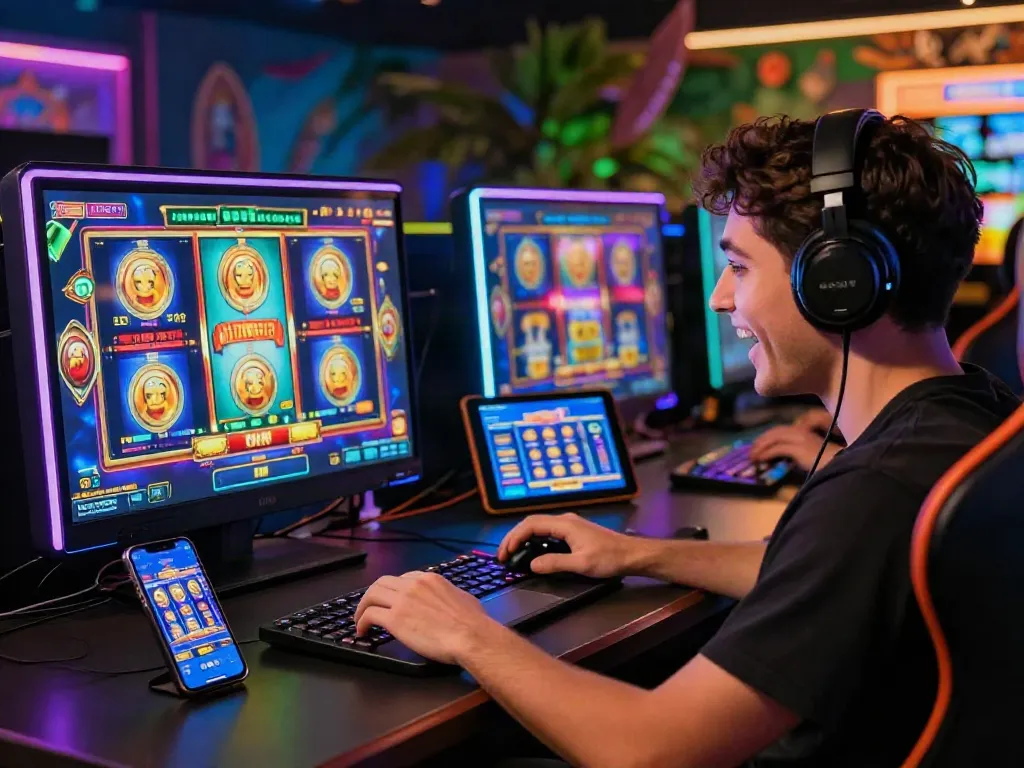 Excited player enjoying slot online gacor on multiple devices in a vibrant gaming setup.
