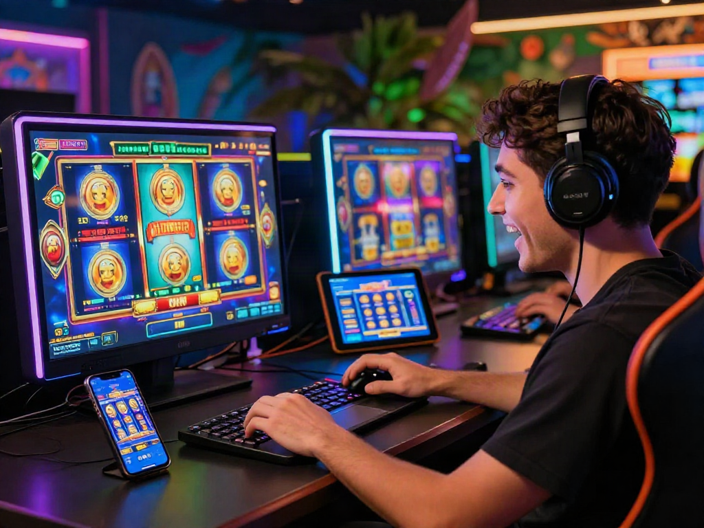 Excited player enjoying slot online gacor on multiple devices in a vibrant gaming setup.