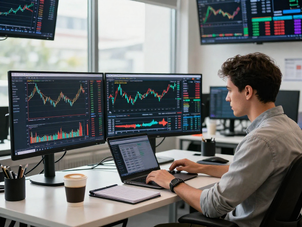 Trader analyzing market trends on TradingView with multiple screens displaying stock charts and forex data in a vibrant tech workspace.
