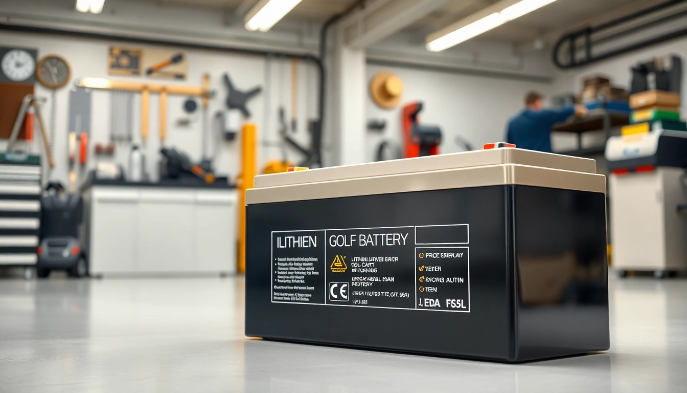 Showcase of lithium golf cart batteries in a bright workshop, highlighting their advanced design and durability.