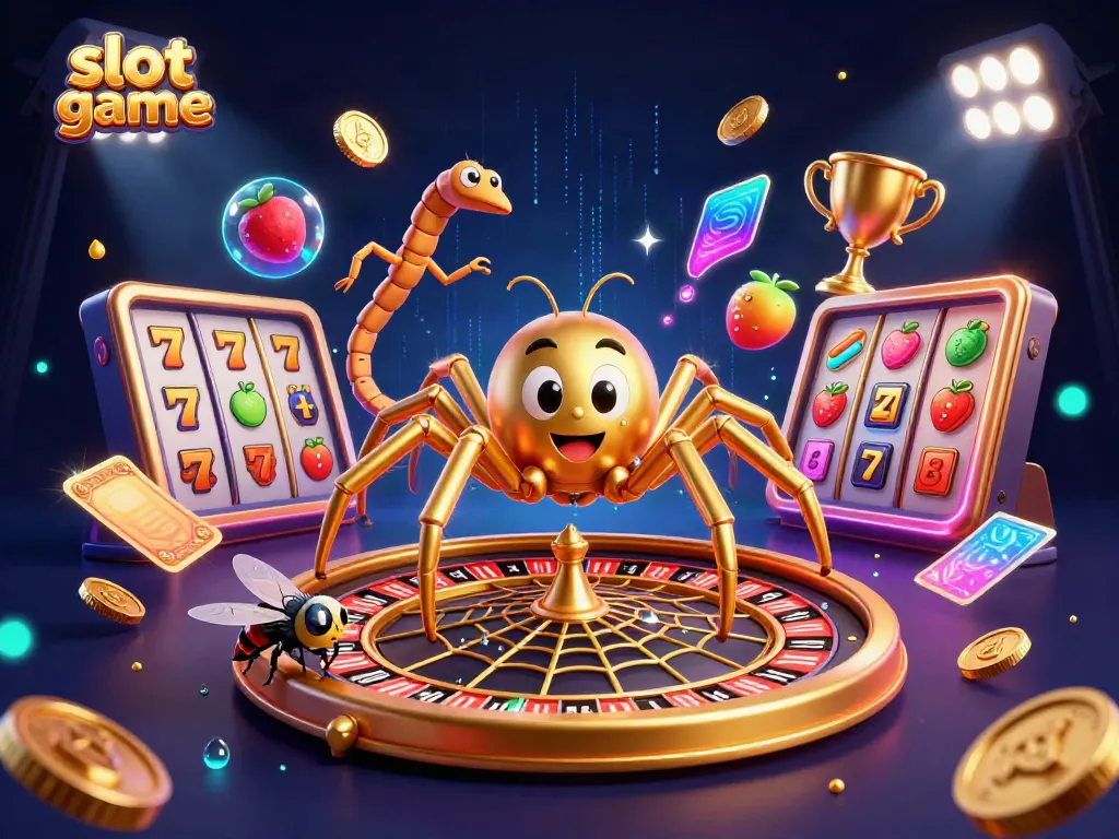 Engaging slot game scene with a cartoon golden spider, a betting fly, and a centipede dealer.