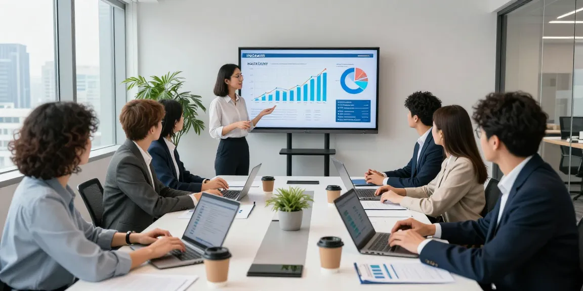Team discussing NAGA2000 strategy in modern office with data visuals.