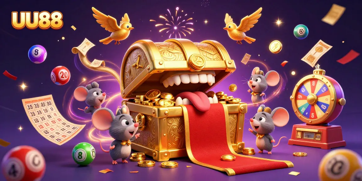 Experience the thrill of UU88 with vibrant lottery elements and celebratory motifs in this 3D scene.
