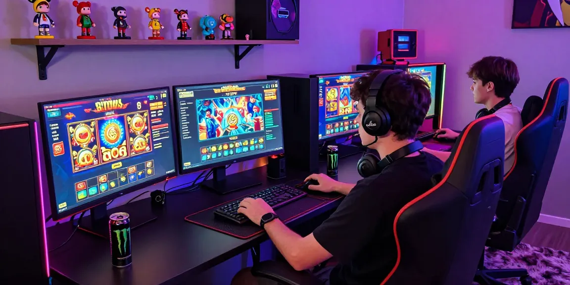 Player enjoying situs slot games at a vibrant online gaming setup with colorful screens and a cozy atmosphere.