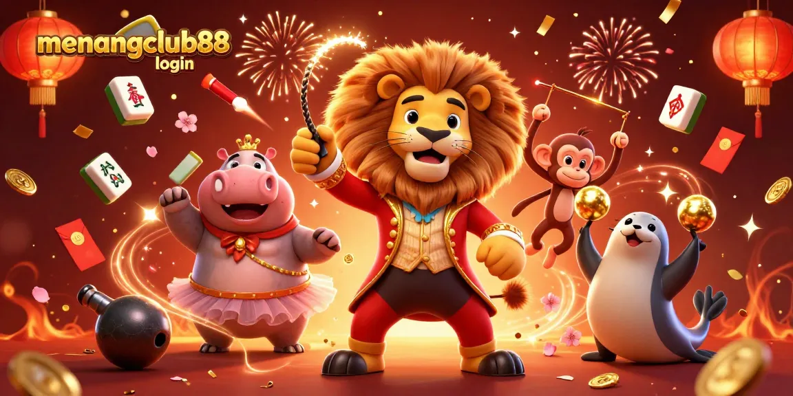 Experience exhilarating gaming with Menangclub88 login while enjoying a vibrant circus-themed illustration.