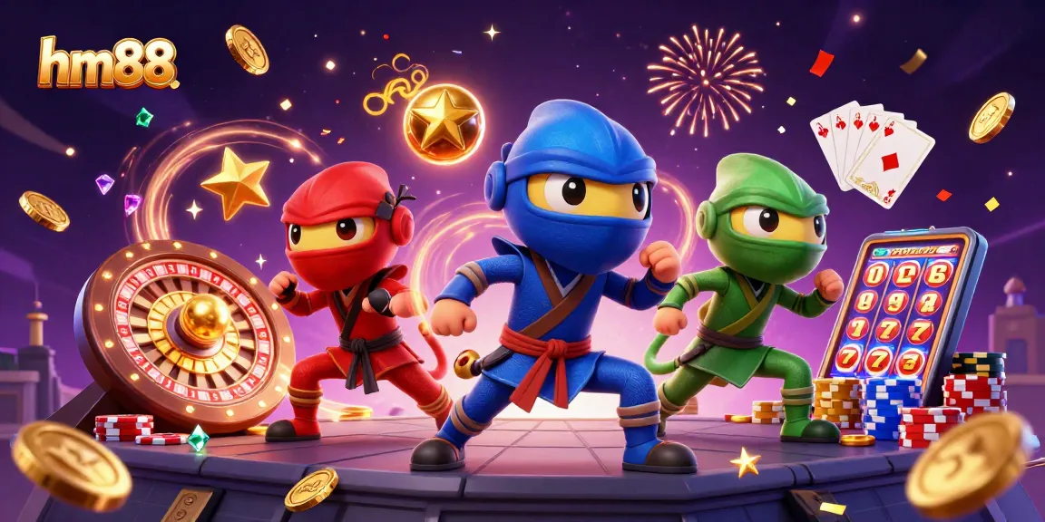Experience thrilling gameplay at hm88 with vibrant ninja chameleons amidst golden coins and roulette in this dynamic casino scene.