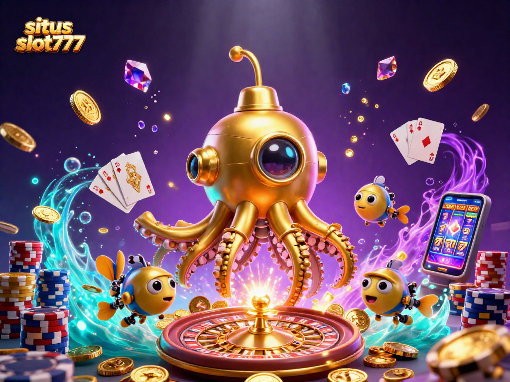 Experience the excitement of situs slot777 with a vivid 3D illustration showcasing dynamic casino action.