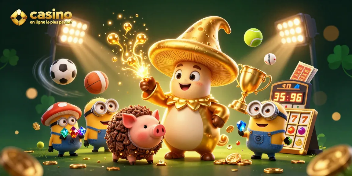 Illustration captivante représentant le "casino en ligne le plus payant" avec un mage champignon doré, des éléments de jeu et des pièces d'or.