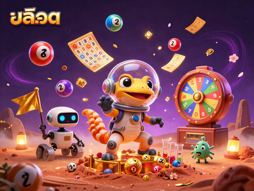 Engage with สล็อต as a Martian gecko discovers a golden casino amidst vibrant lottery elements.