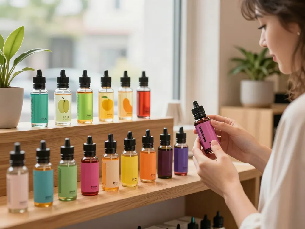 Exploring the vibrant Alternativ ejuice selection in a modern vape shop.