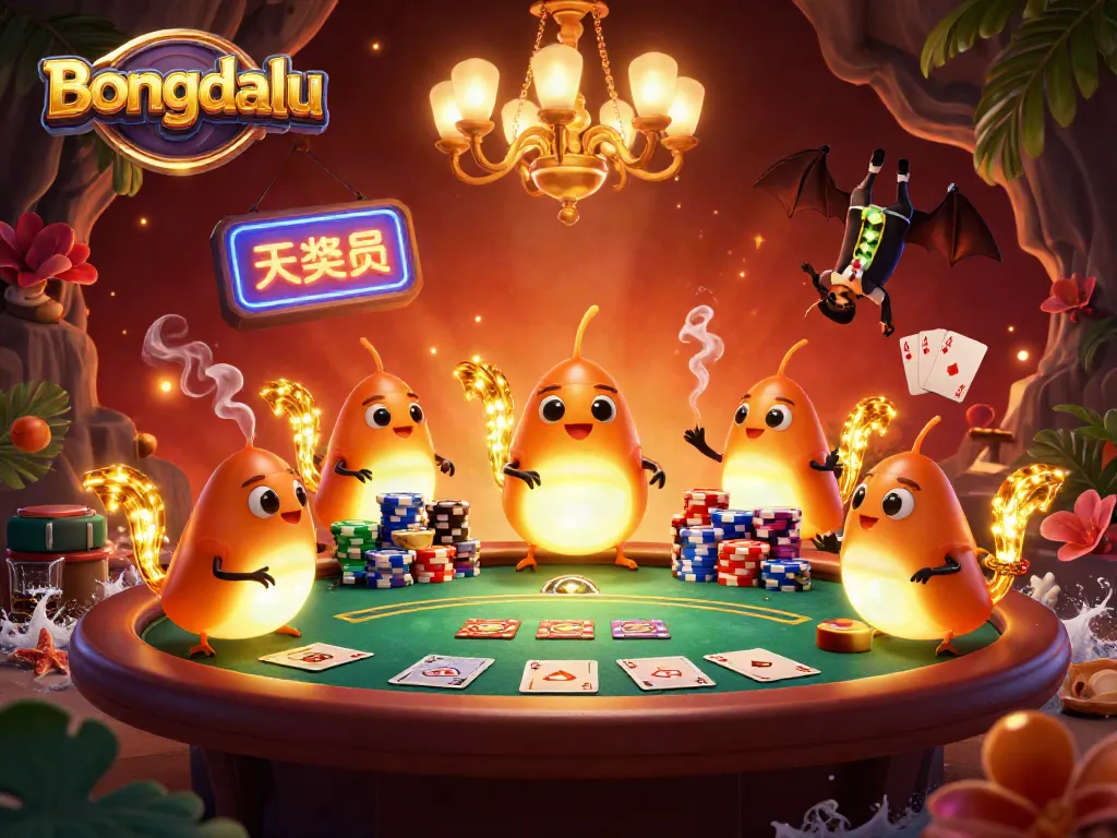 Bongdalu illuminates a vibrant cave casino with glowworms as the dealer manages poker action featuring colorful chips and cards.