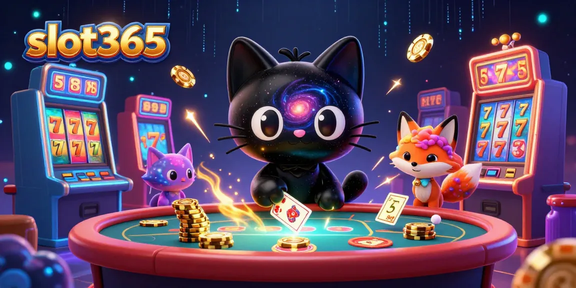 Engage with slot365's captivating gaming magic as the black hole cat pulls in cosmic chips and cards.