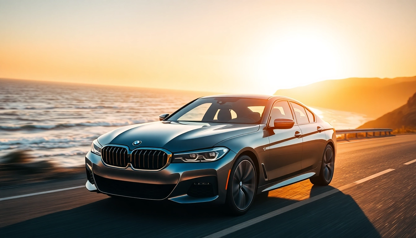 Showcase a Luxury BMW car on a coastal highway, emphasizing its elegance and performance.