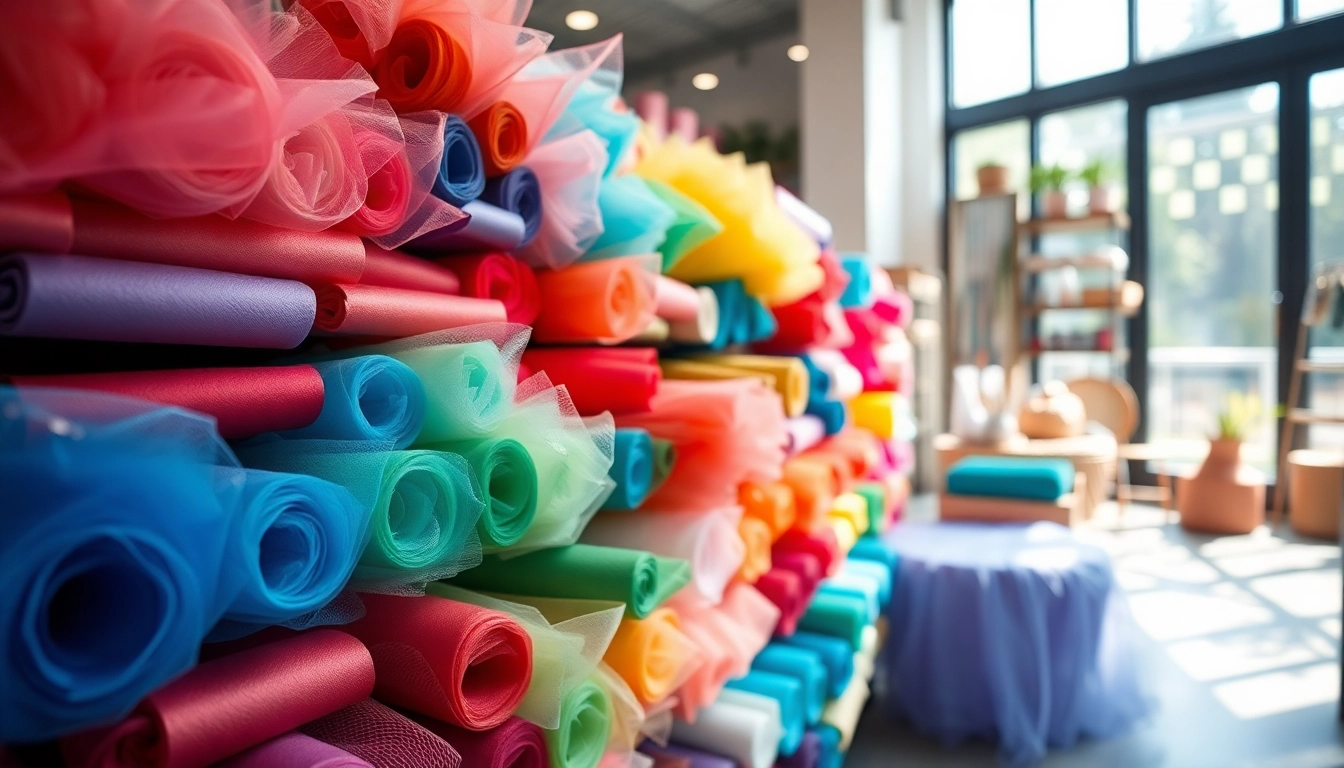 Goedkoop tule kopen in een kleurrijke stoffenwinkel met diverse tulle-rollen.