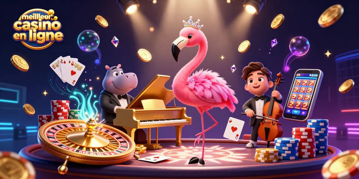 Gagnez au meilleur casino en ligne avec une ambiance de fête animée mettant en scène un flamant chanteur et un hippopotame bassiste.