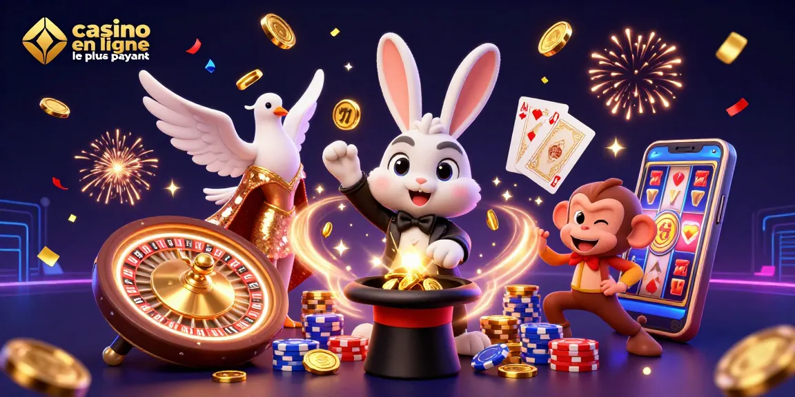 Illustration de casino en ligne le plus payant avec un lapin magicien, une colombine et un singe chapardeur.