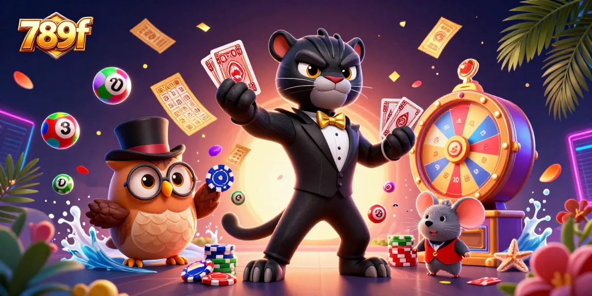 Join the excitement at 789f with a stylish panther dealing cards among colorful lottery elements.