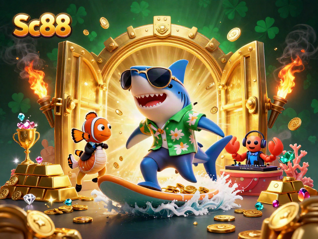 Surf winning waves with Sc88, featuring a shark and clownfish in a vibrant casino treasure scene.