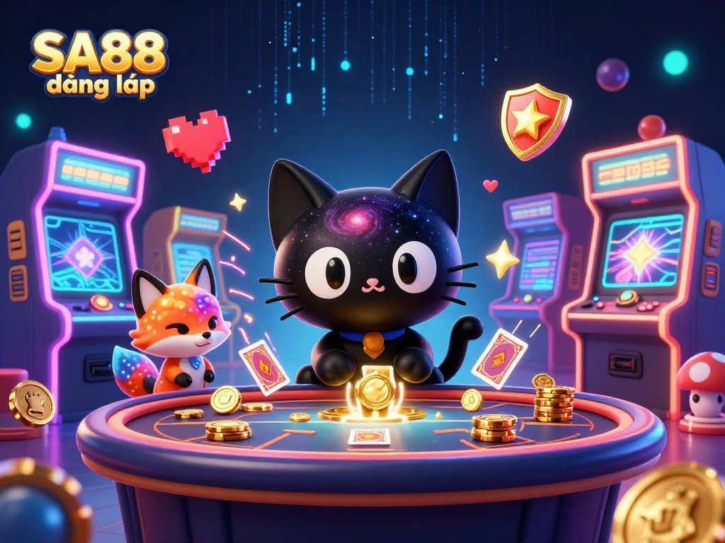 Win with SA88 đăng nhập at a cosmic casino featuring a black hole cat and vivid game elements.