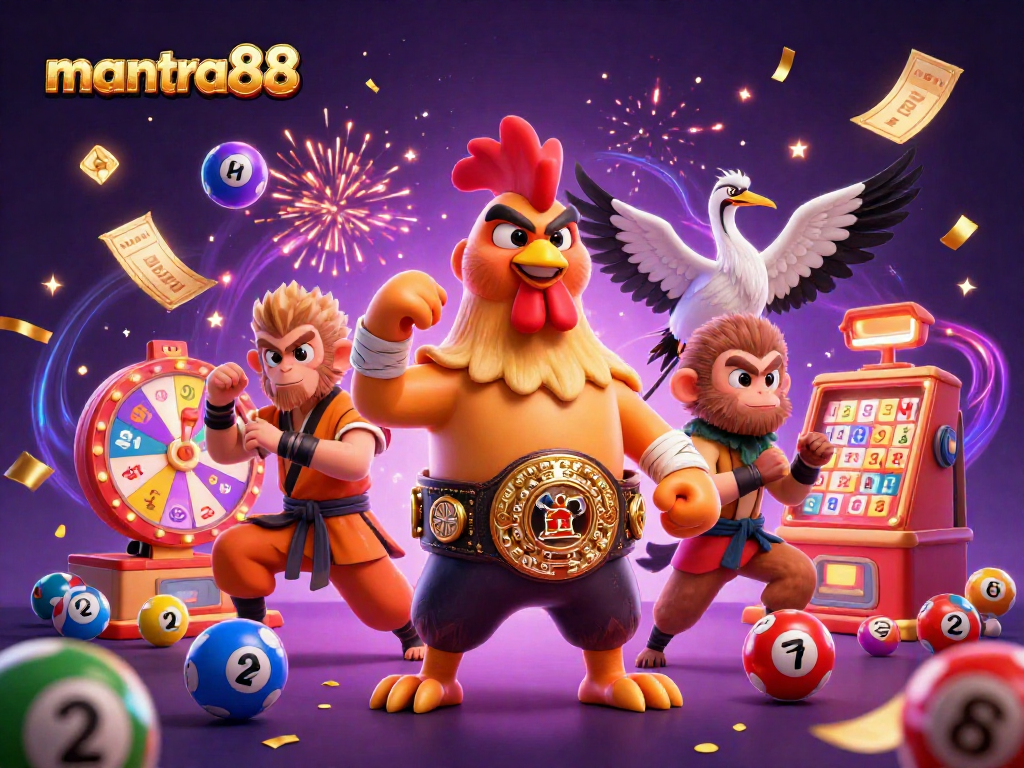 Join the excitement at mantra88 with vibrant lottery balls and dynamic gaming elements in a lively casino scene.