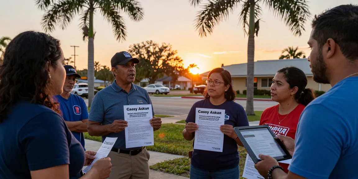 Citizens discussing Casey Askar's controversies outside a community center in Florida.
