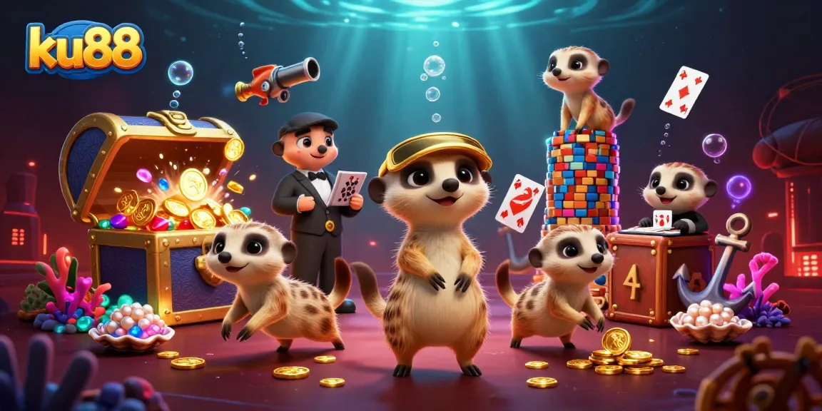 ku88 casino meerkats managing an underwater-themed gaming operation with vibrant visuals.