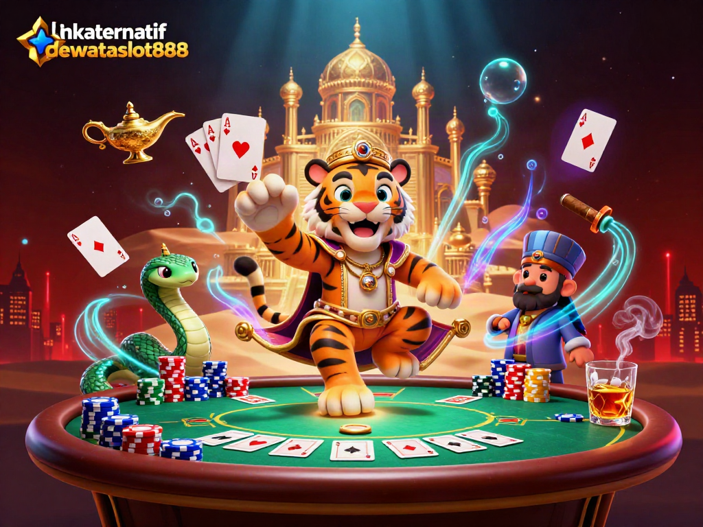 Gambarlah simbol judi menarik di link alternatif dewataslot888 dengan sultan harimau dan genie.