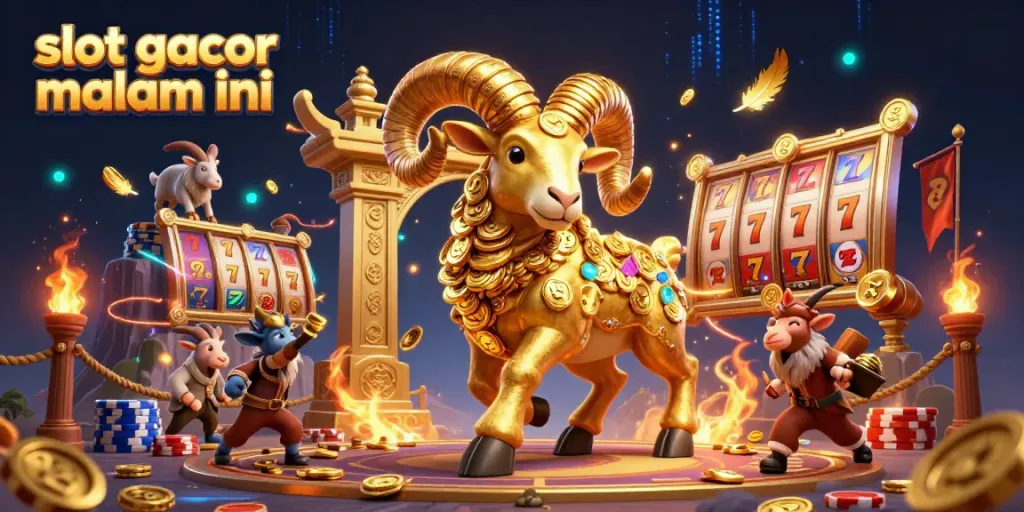 Menang di slot gacor malam ini dengan domba emas dan berbagai simbol kasino.