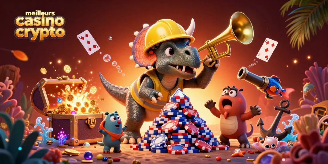 Meilleurs casinos crypto : jubilations autour d'un triceratops construisant une pyramide de jetons de poker.