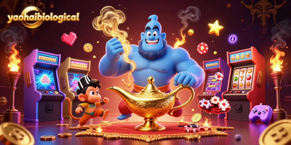 Experience the thrill of yaohaibiological with dynamic characters like a muscular genie, magic carpet, and vibrant casino game elements.