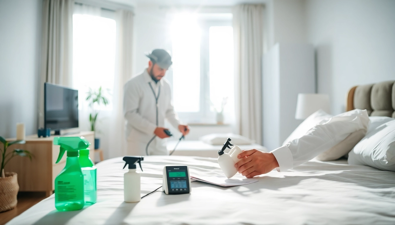 Implementing bed bug treatment in an urban apartment by a skilled technician.