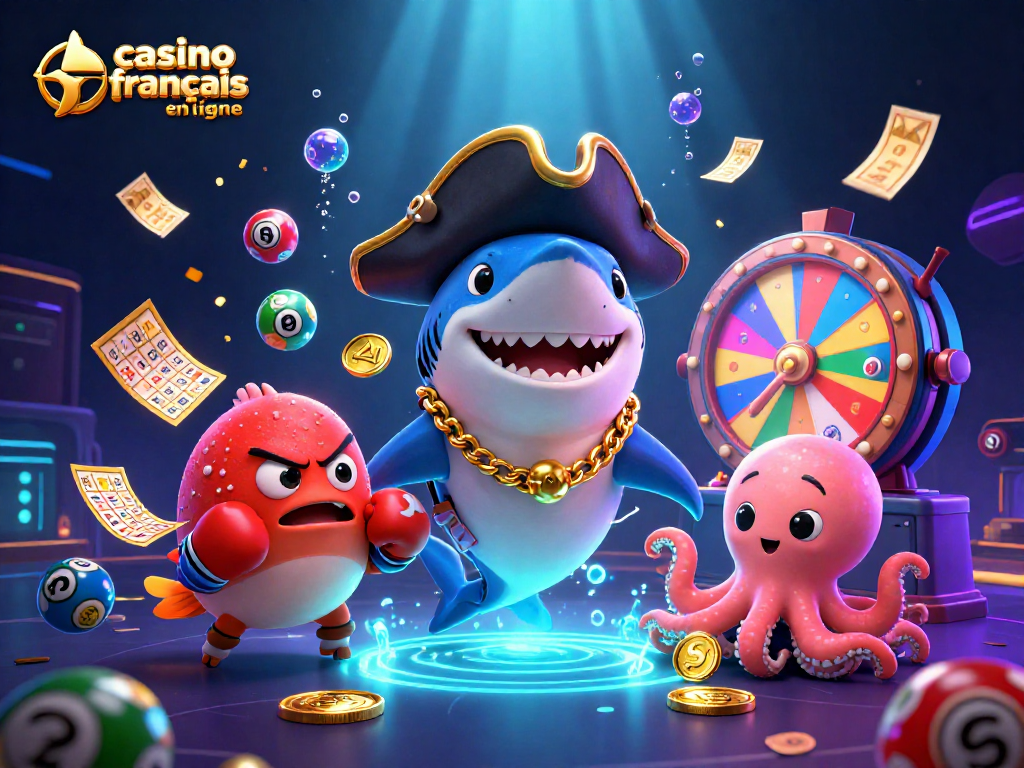 Illustration dynamique représentant les jeux de casino français en ligne avec un requin pirate et des ballons de loterie colorés.