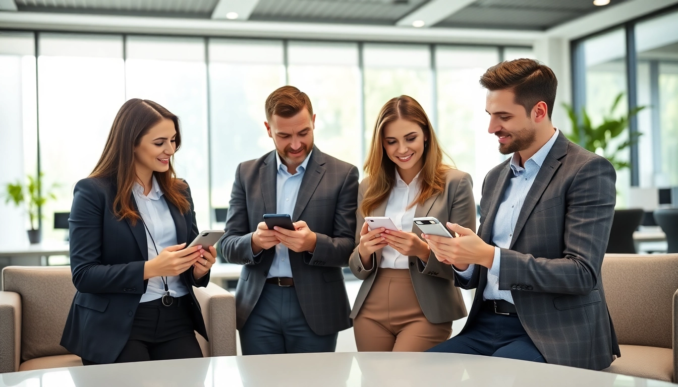 Engaged professionals examining business mobile deals UK in a modern office environment.