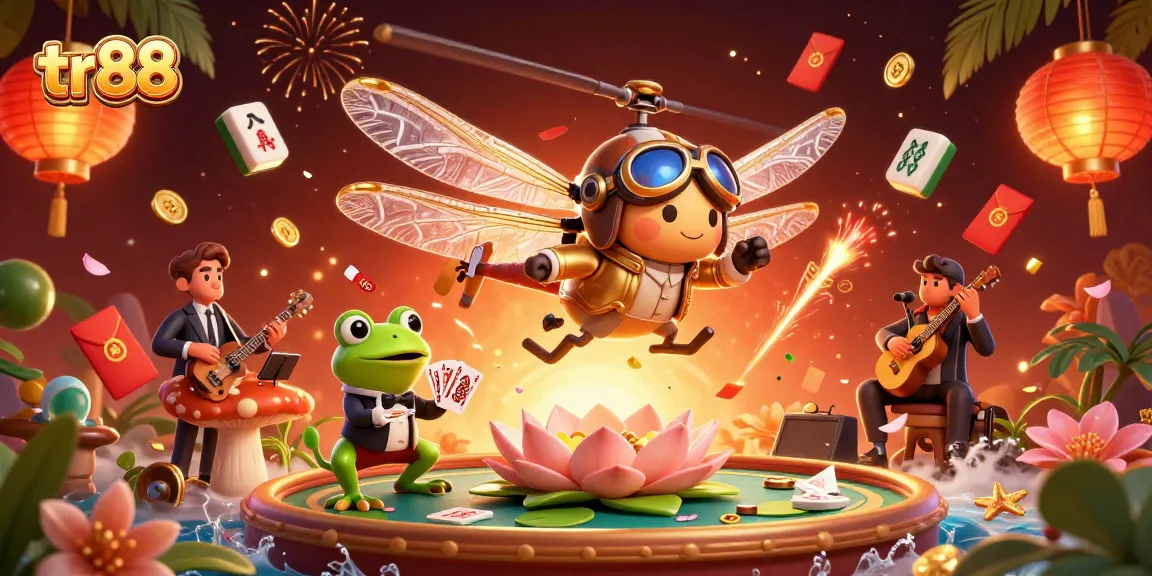 Spin lucky reels at tr88's vibrant casino scene with a dragonfly pilot and frog croupier.