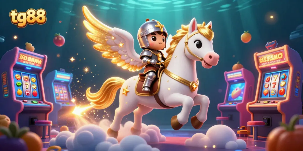 Engage with tg88’s vibrant casino scene featuring a celestial horse, arcade machines, and jackpot elements.