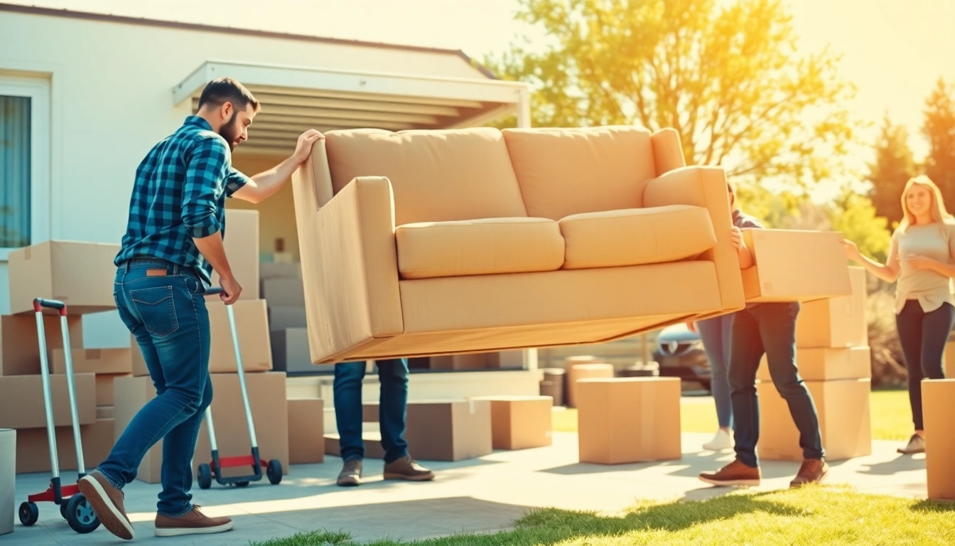 Movers from moving companies keene nh carefully lifting a couch while surrounded by boxes.