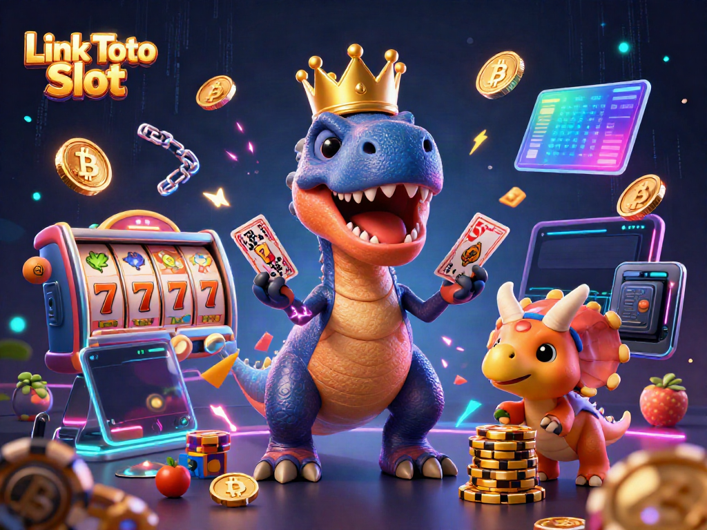 Menangkan Link Toto Slot dengan T-Rex yang mencoba mengocok kartu sambil dikelilingi koin kripto.