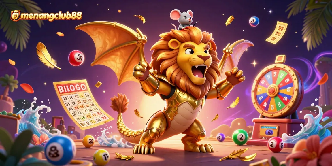 Join the adventure with menangclub88 as a triumphant chimera and mouse jockey celebrate a vibrant casino scene.