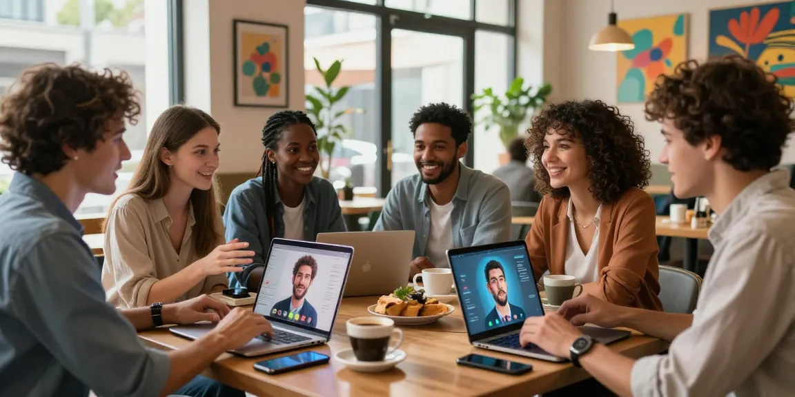 AI NSFW chat showcasing diverse users engaged in animated discussions with holographic avatars in a modern café setting.