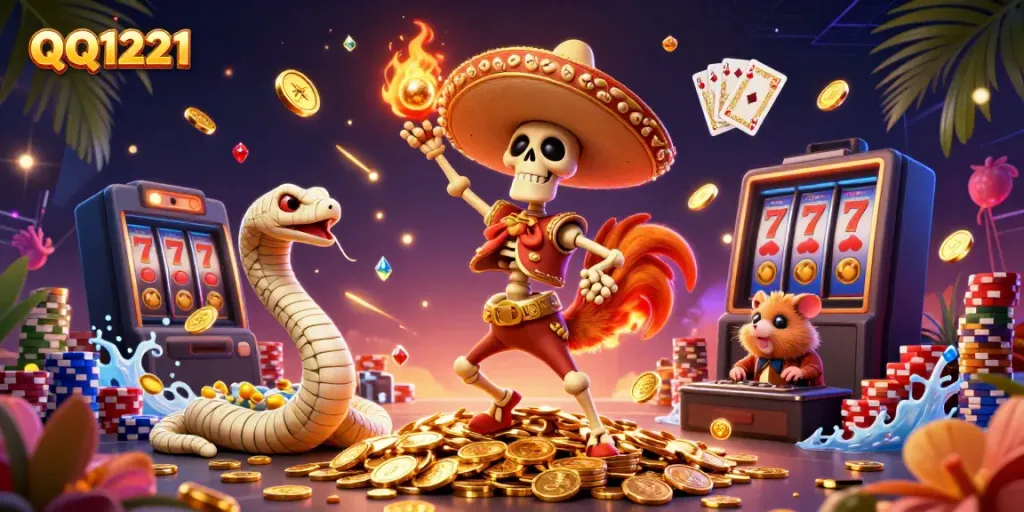 Experience the thrill of QQ1221 with a vibrant 3D casino scene of dancing characters and slot treasures.