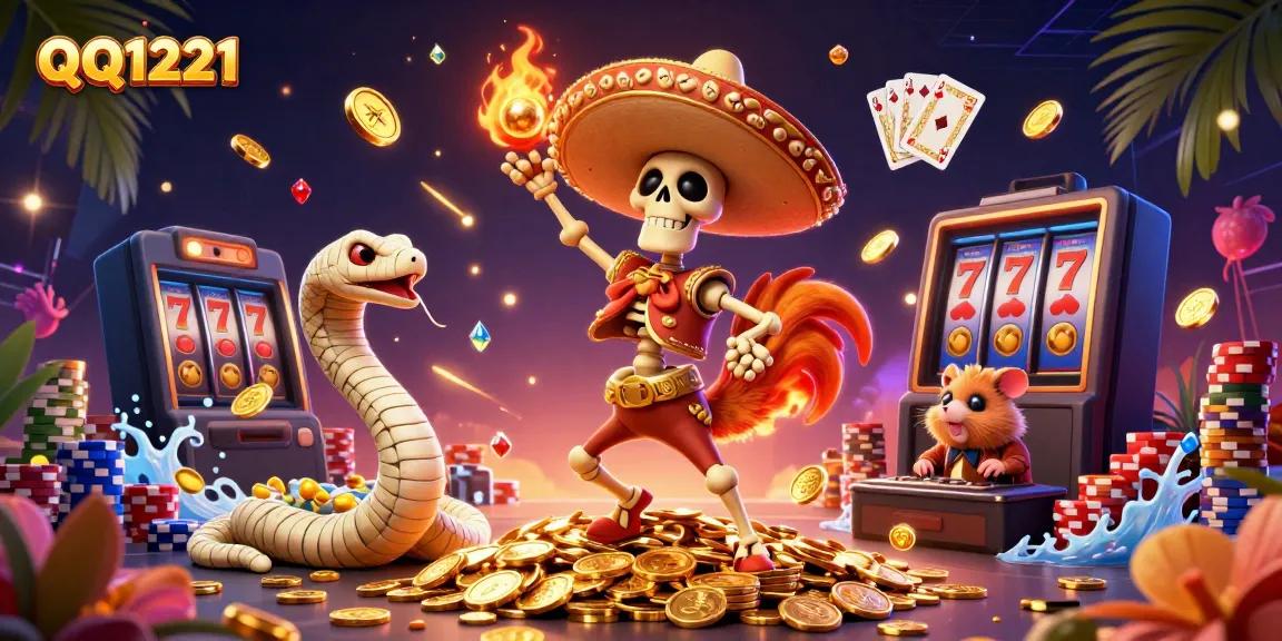 Experience the thrill of QQ1221 with a vibrant 3D casino scene of dancing characters and slot treasures.