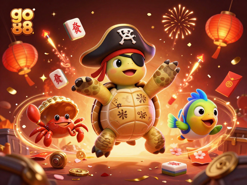 Engage with go 88's vibrant casino adventure featuring pirate characters and festive elements.