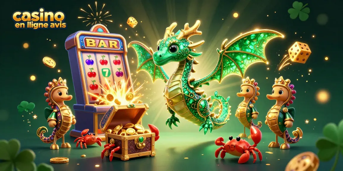 Profitez des avis sur les casinos en ligne avec une scène animée mettant en avant un dragon marin et un coffre au trésor.