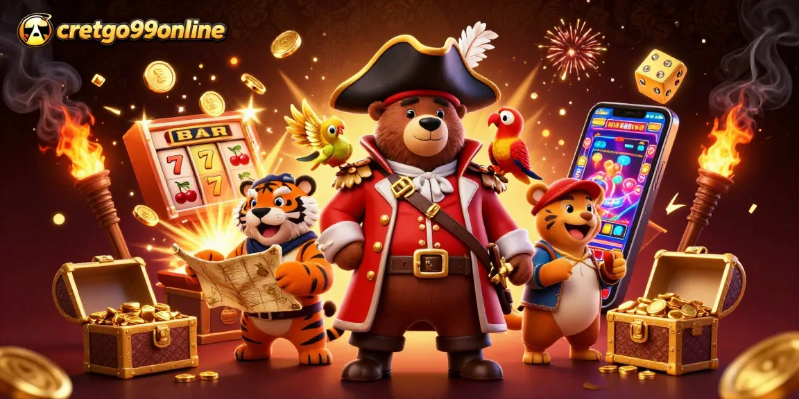 Experience excitement at cretgo99online with a vibrant scene of a pirate bear and tiger amid casino wins.