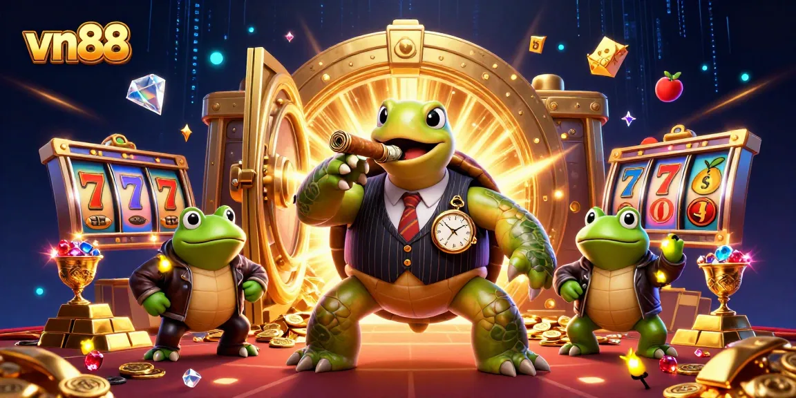 Experience the thrill of vn88 with a 3D illustration of a mobster turtle and rich casino treasures.