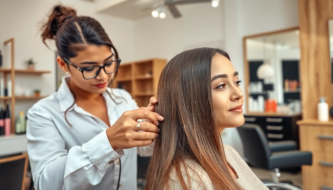 Experience Brazilian hair straightening with a professional stylist in a modern salon.