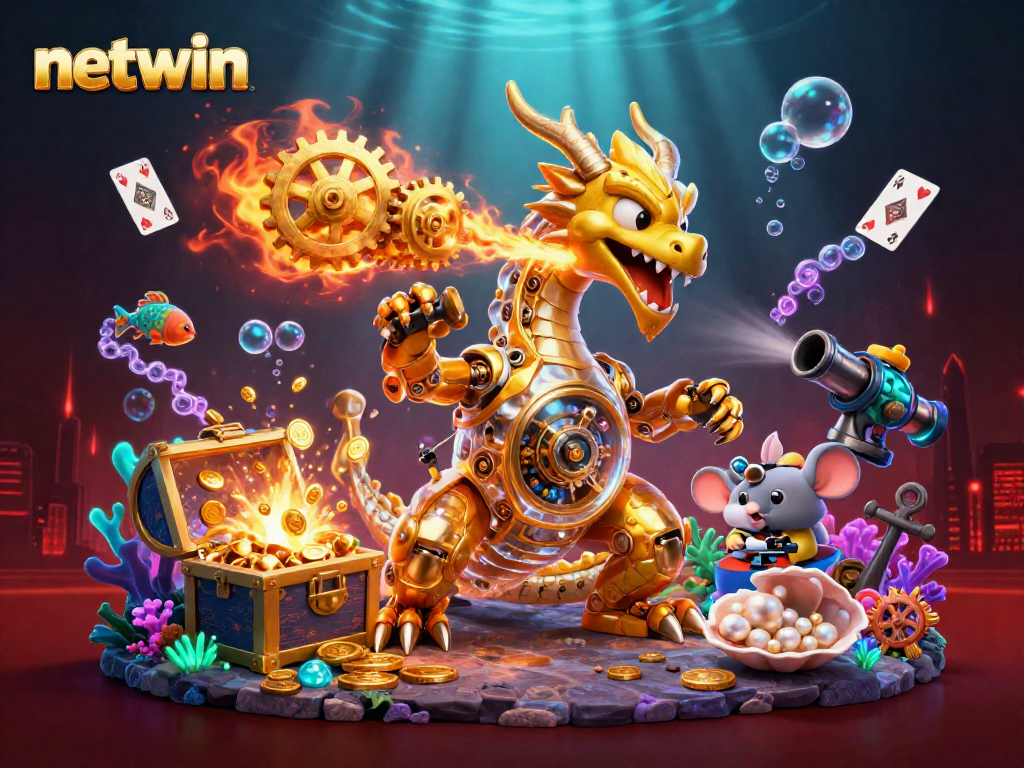 Experience netwin with a vibrant illustration showcasing a golden dragon and underwater treasures.