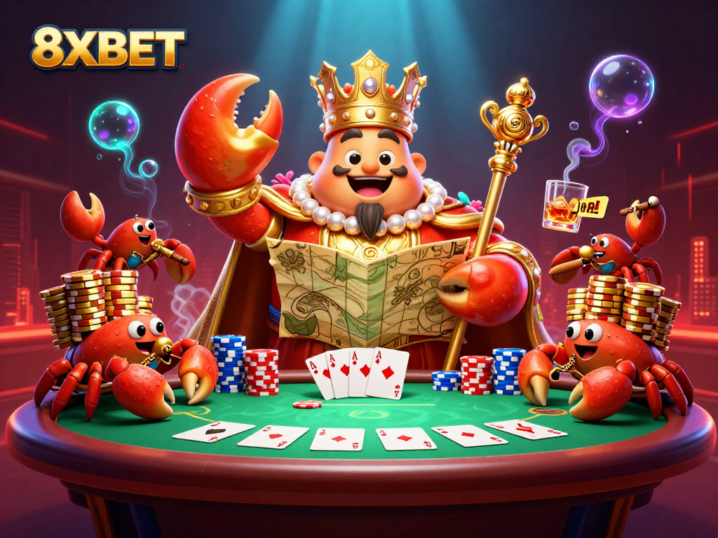Engage in exciting poker action with 8XBET's vibrant 3D casino illustration featuring a golden crab emperor.