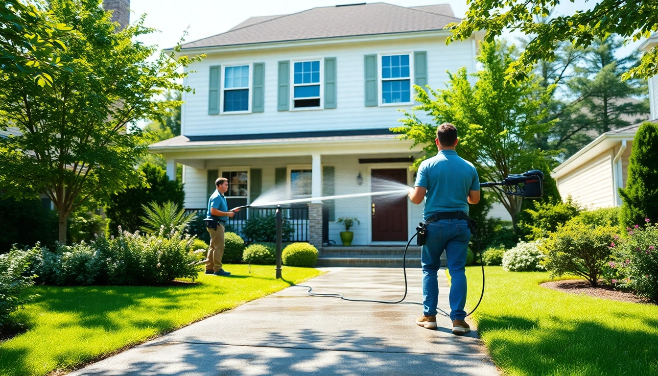 Team performing house washing service to enhance the home's exterior cleanliness.